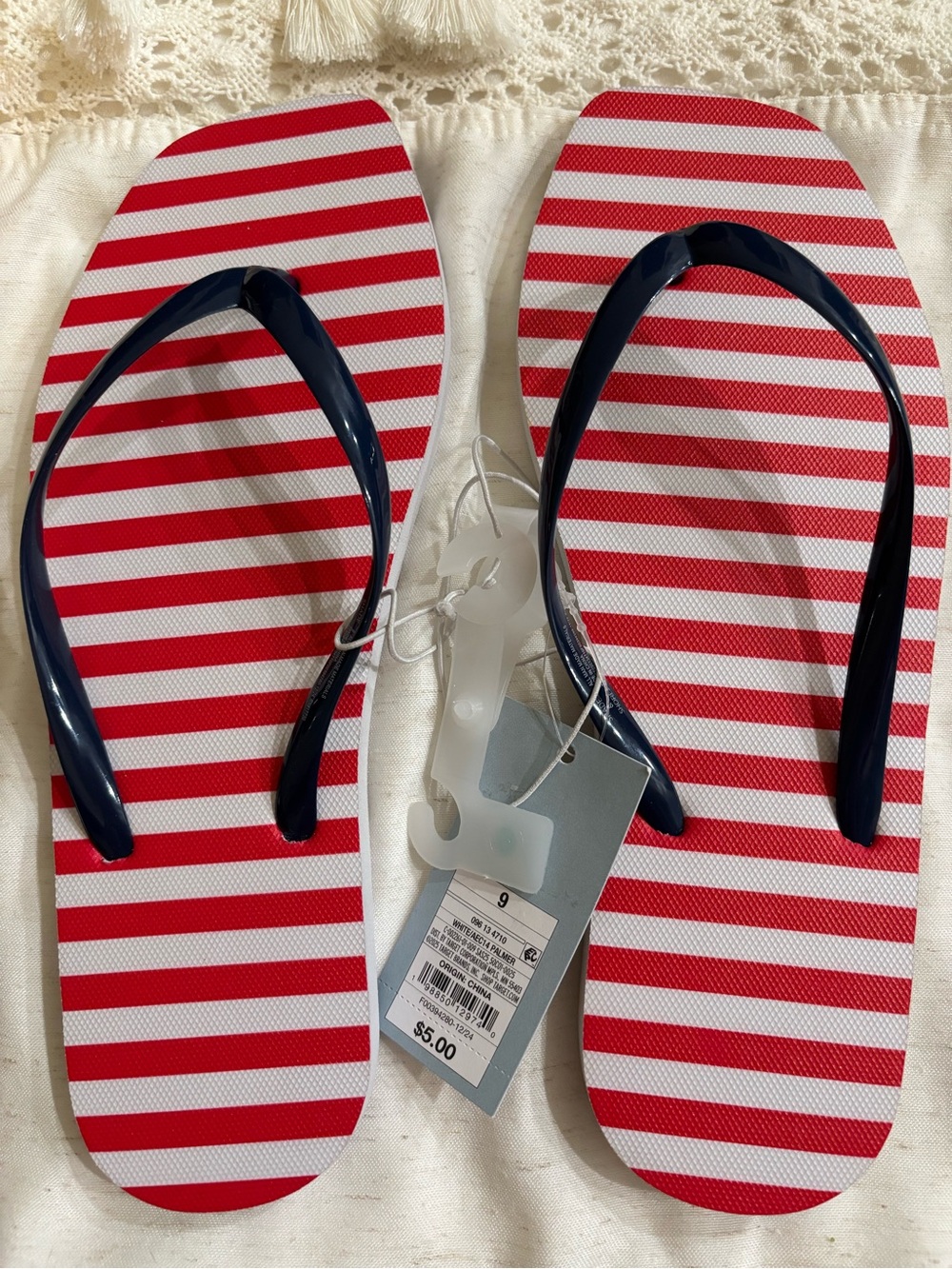 Red & White Striped Flip Flops with Navy Straps Size 9